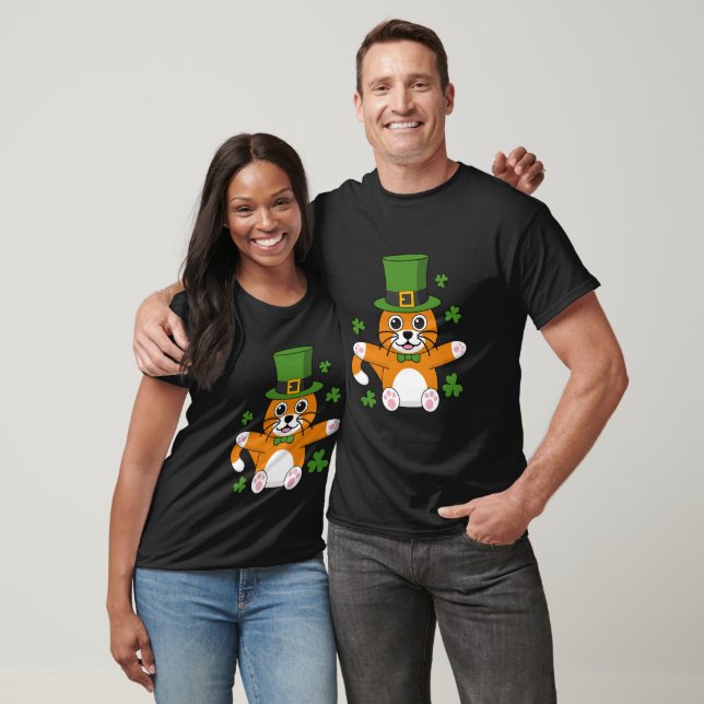 Cute St Patrick's Day Cat with Shamrocks Cartoon T-Shirt (Unisex)
