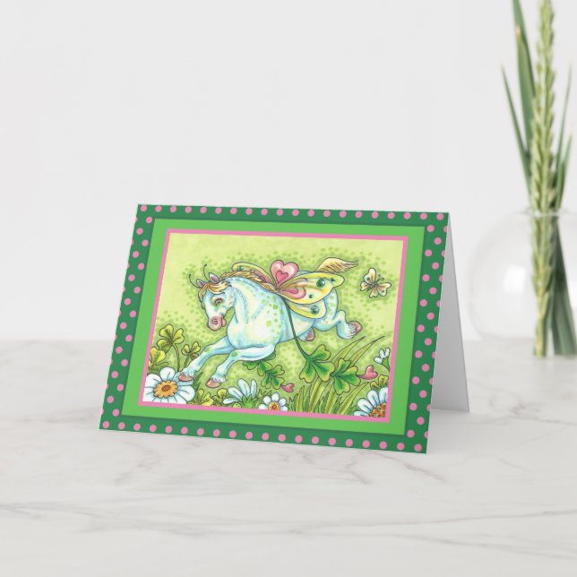 CUTE ST. PATRICK'S DAY FLYING IRISH PONY, FAIRY HOLIDAY CARD (Front)