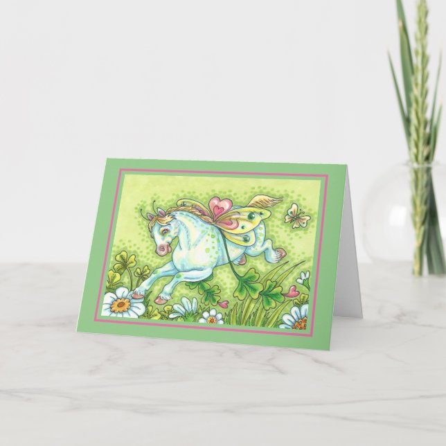 CUTE ST. PATRICK'S DAY FLYING IRISH PONY, FAIRY HOLIDAY CARD (Front)