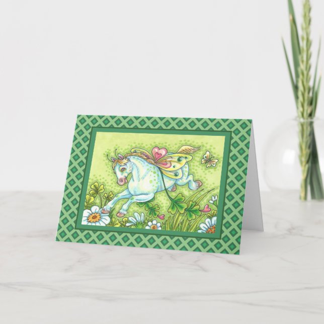 CUTE ST. PATRICK'S DAY FLYING IRISH PONY, FAIRY HOLIDAY CARD (Front)