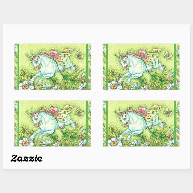CUTE ST. PATRICK'S DAY FLYING IRISH PONY, FAIRY RECTANGULAR STICKER (Sheet)