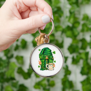 Cute St Patricks Day Gnome Drinking Coffee Key Ring
