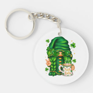 Cute St Patricks Day Gnome Drinking Coffee Key Ring