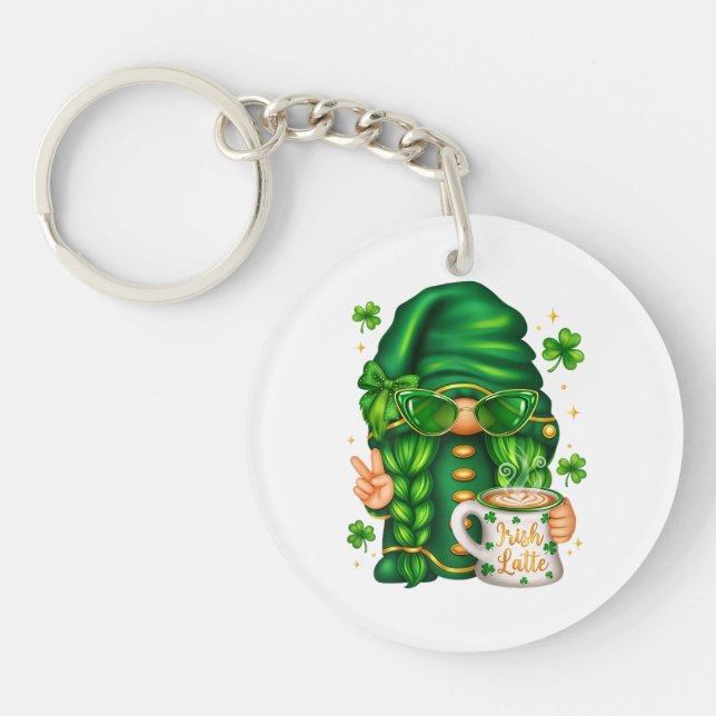 Cute St Patricks Day Gnome Drinking Coffee Key Ring (Front)