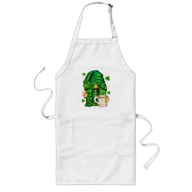 Cute St Patricks Day Gnome Drinking Coffee Long Apron (Front)