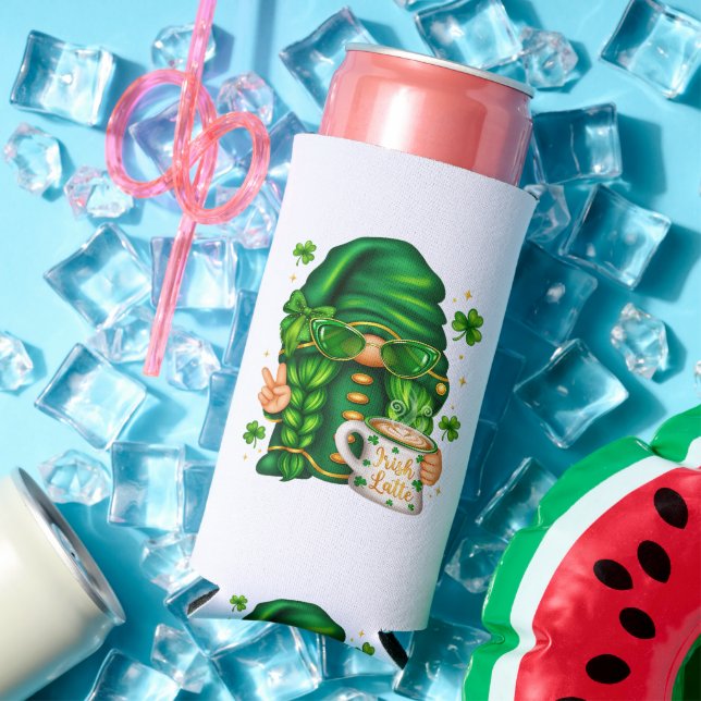 Cute St Patricks Day Gnome Drinking Coffee Seltzer Can Cooler (In Situ Summer)