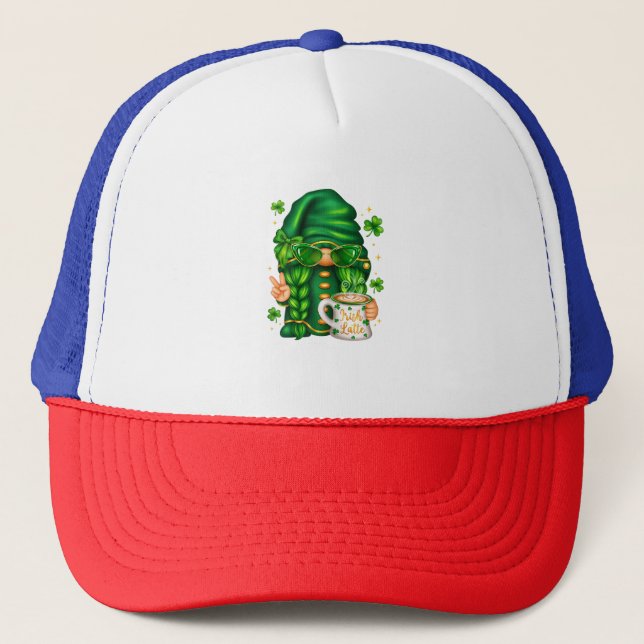 Cute St Patricks Day Gnome Drinking Coffee Trucker Hat (Front)
