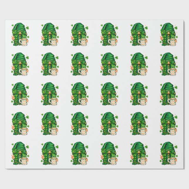 Cute St Patricks Day Gnome Drinking Coffee Wrapping Paper (Flat)