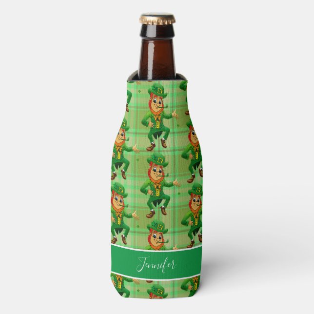 Cute St Patricks Day Green Leprechaun Personalised Bottle Cooler (Bottle Front)