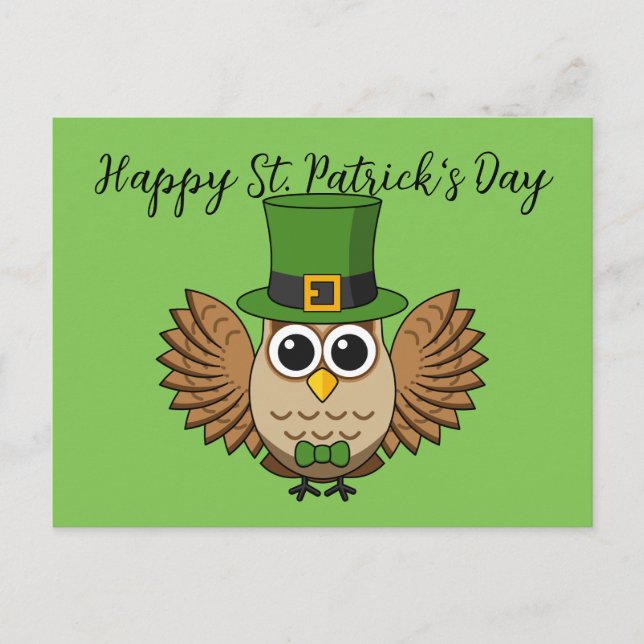 Cute St Patrick's Day Owl Cartoon | Add Text Holiday Postcard (Front)