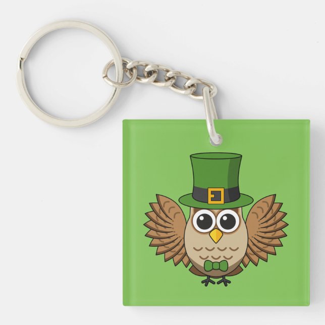Cute St Patrick's Day Owl Cartoon Key Ring (Front)