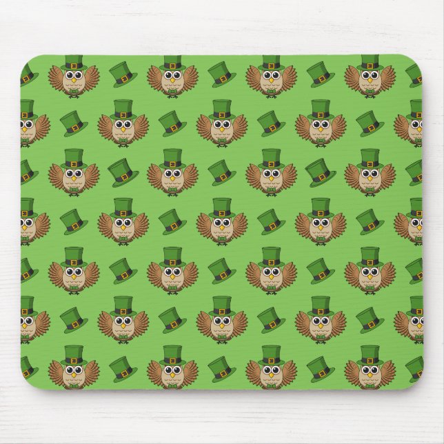Cute St Patrick's Day Owl Cartoon Mouse Mat (Front)