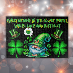 Cute St Patrick's Gnome Sleeping on black Jigsaw Puzzle