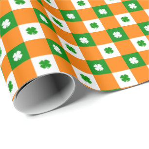Cute St Patrick's Lucky Clover Green Orange Plaid Wrapping Paper