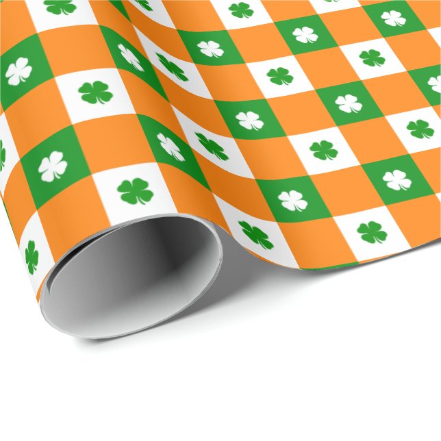 Cute St Patrick's Lucky Clover Green Orange Plaid Wrapping Paper (Roll Corner)