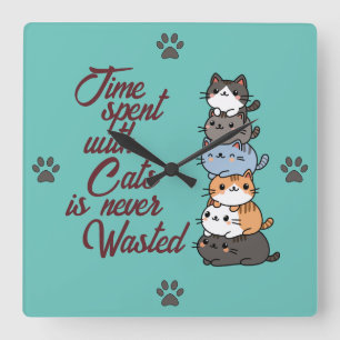 Cute Stack Of Cats, Time Spent With Cats Square Wall Clock