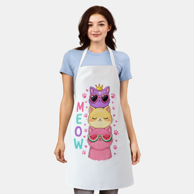 Cute Stacked Kawaii Cats Meow Apron (Worn)