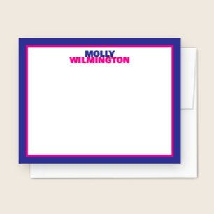Cute Stacked Name Blue Pink Border Fun Stationery Card