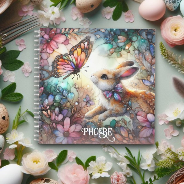 Cute Stained Glass Bunny Floral Pink Name Notebook (Creator Uploaded)