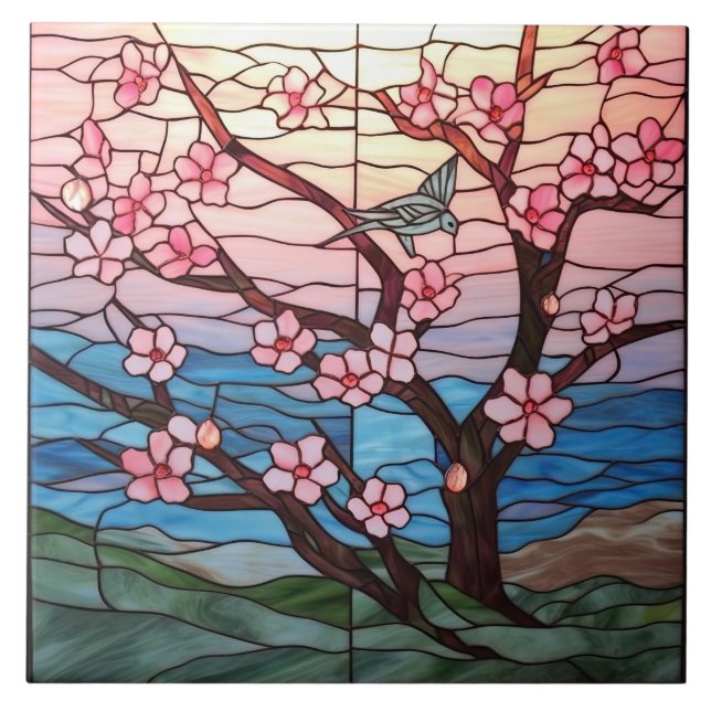 cute stained glass cherry blossom tree  tile (Front)