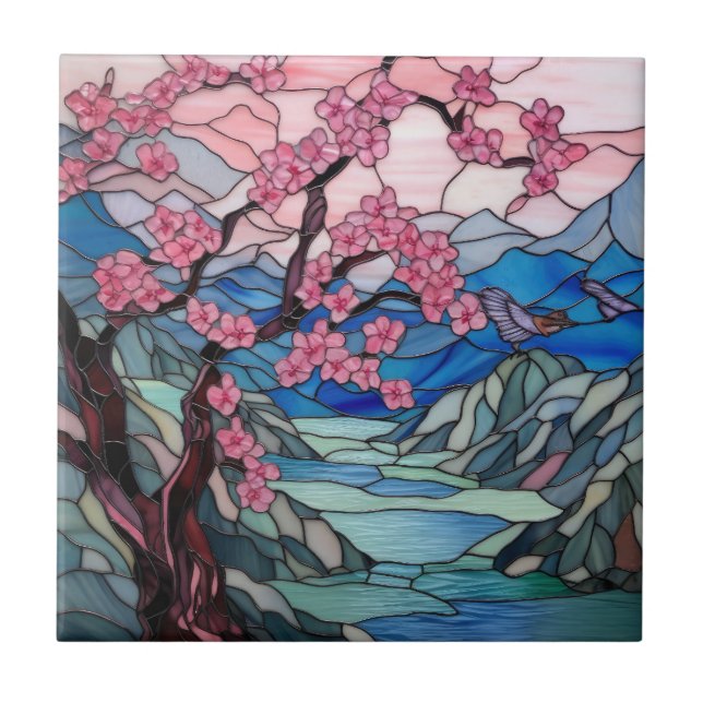 cute stained glass cherry blossom tree  tile (Front)