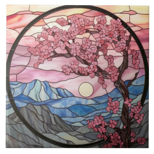 cute stained glass cherry blossom tree tile (Front)