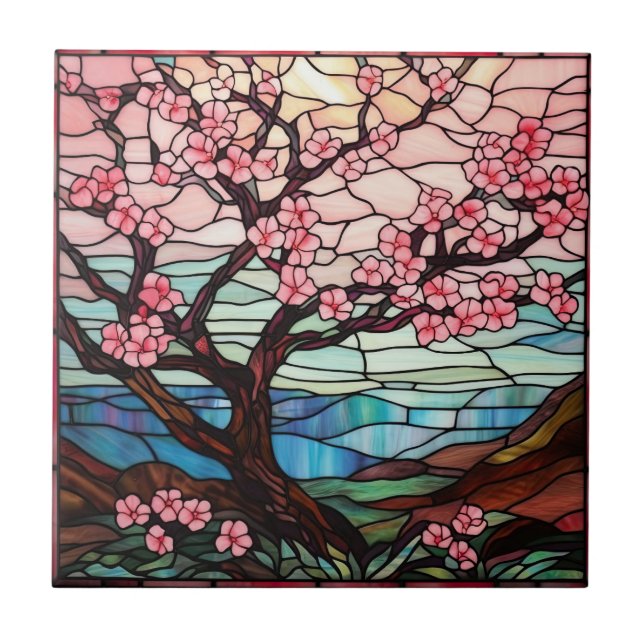 cute stained glass cherry blossom tree  tile (Front)