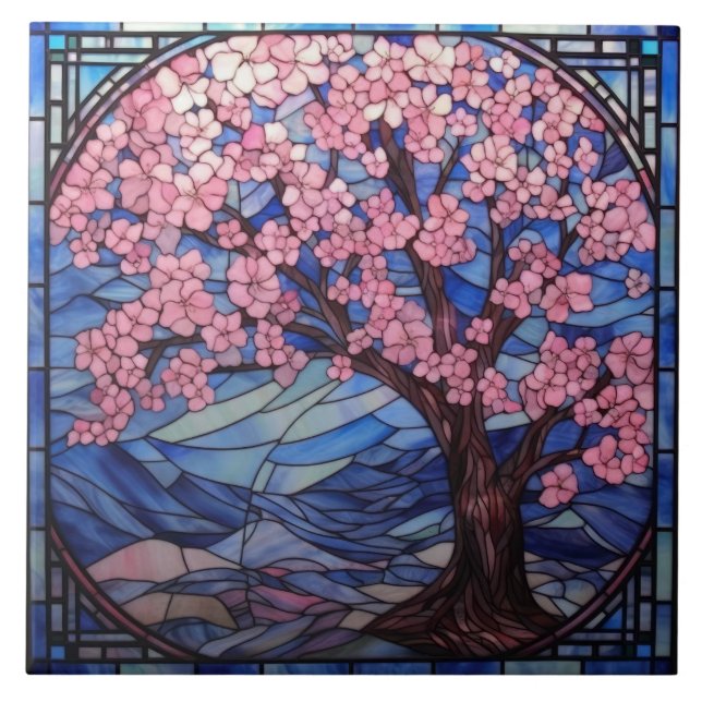 cute stained glass cherry blossom tree  tile (Front)