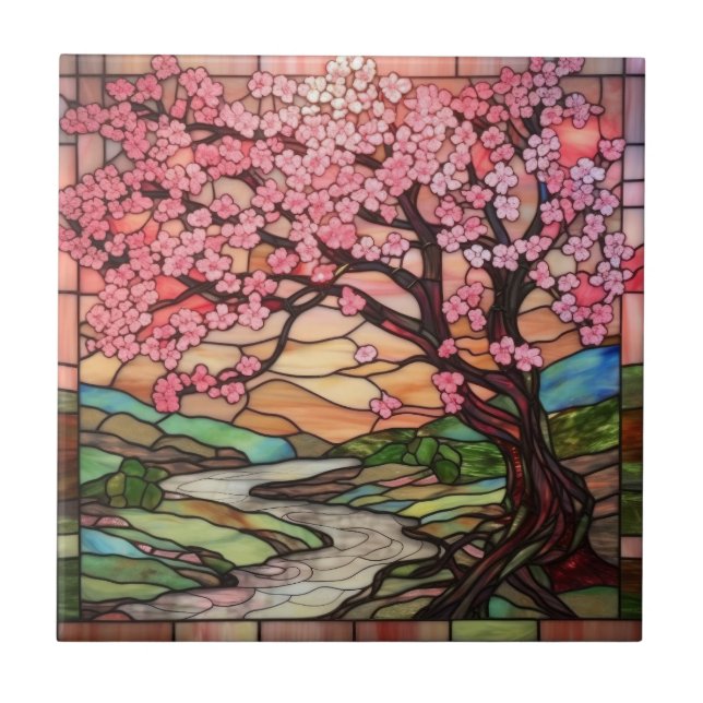 cute stained glass cherry blossom tree  tile (Front)