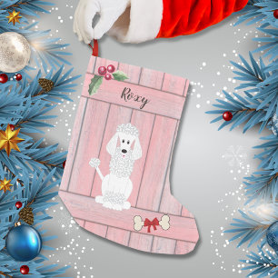 Cute Standard Poodle Pink Wooden Fence Monogram Small Christmas Stocking