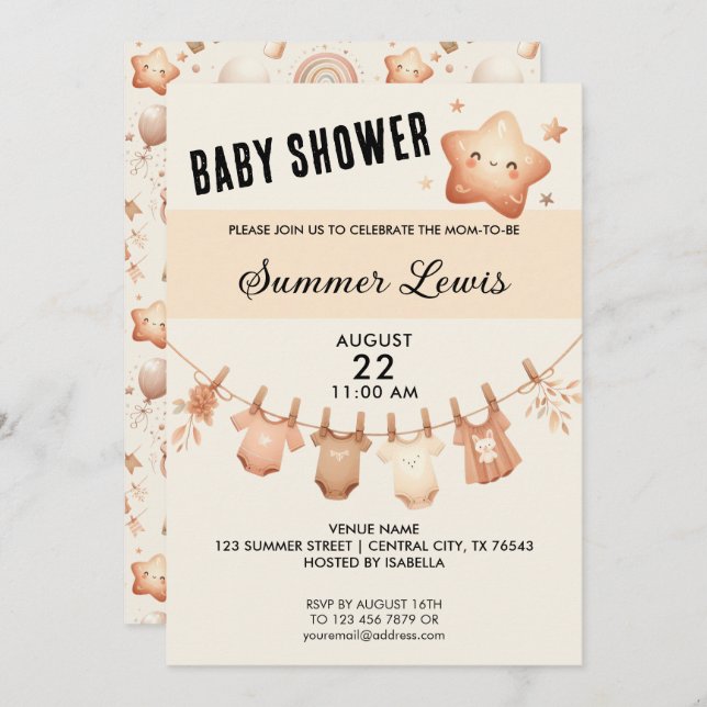 Cute Star Baby Shower - Clothes Line Invitation (Front/Back)