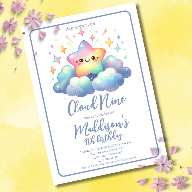 Cute Star Cloud 9 Girls 9th Birthday Invitation (Creator Uploaded)