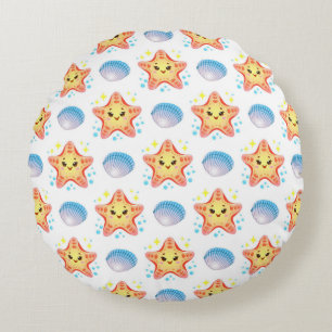 Cute Starfish and Seashells Round Cushion