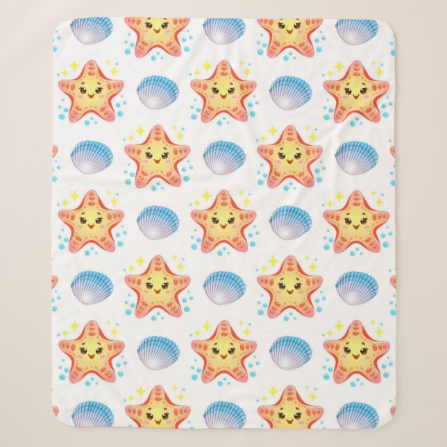 Cute Starfish and Seashells Sherpa Blanket (Front)