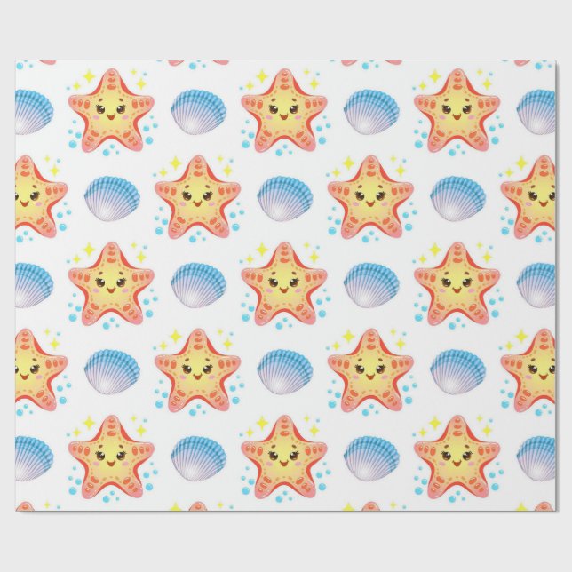Cute Starfish and Seashells Wrapping Paper (Flat)