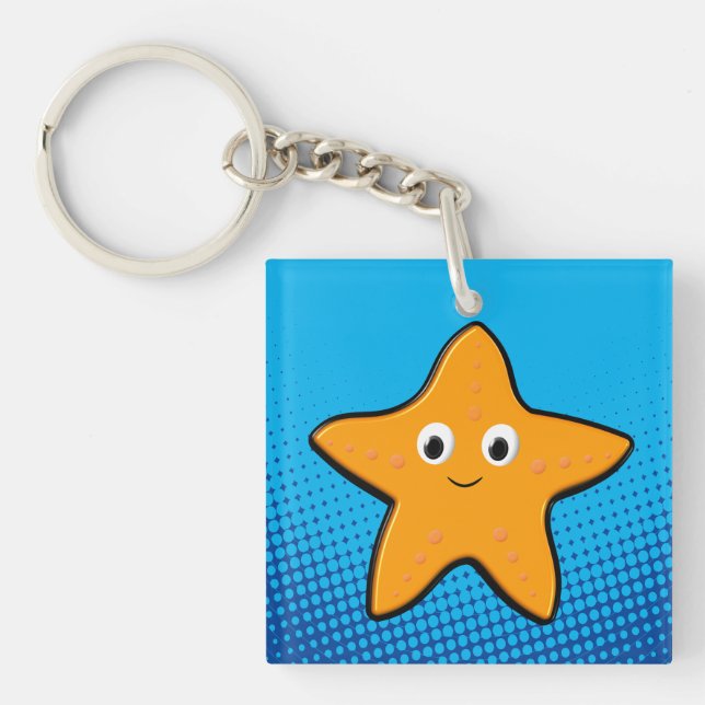 Cute Starfish Drawing Blue Ocean Key Ring (Front)