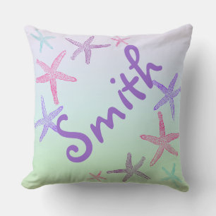 Cute Starfish on Aqua Pastel Monogram Cushion