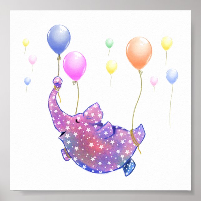 Cute Starry Elephant Flying with Colourful Balloon Poster (Front)
