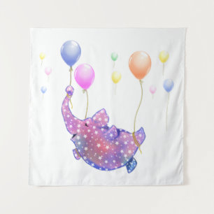Cute Starry Elephant Flying with Colourful Balloon Tapestry