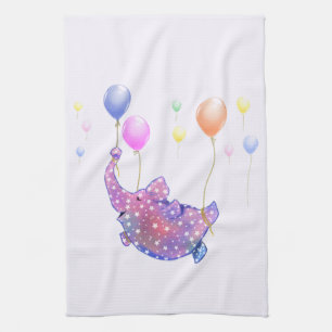 Cute Starry Elephant Flying with Colourful Balloon Tea Towel