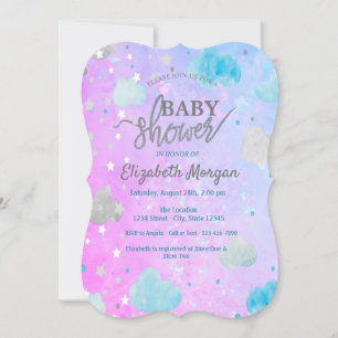 Cute Stars & Clouds Holographic Baby Shower Invitation
