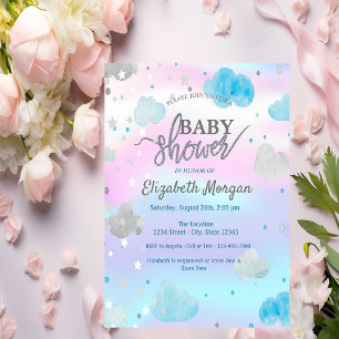 Cute Stars & Clouds Holographic  Baby Shower Invitation