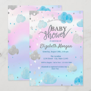 Cute Stars & Clouds Holographic Baby Shower Invitation