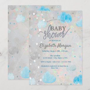 Cute Stars & Clouds Holographic Opal Baby Shower Invitation