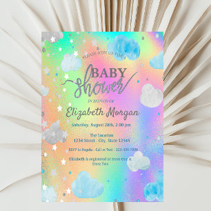 Cute Stars & Clouds Rainbow Holographic   Invitation