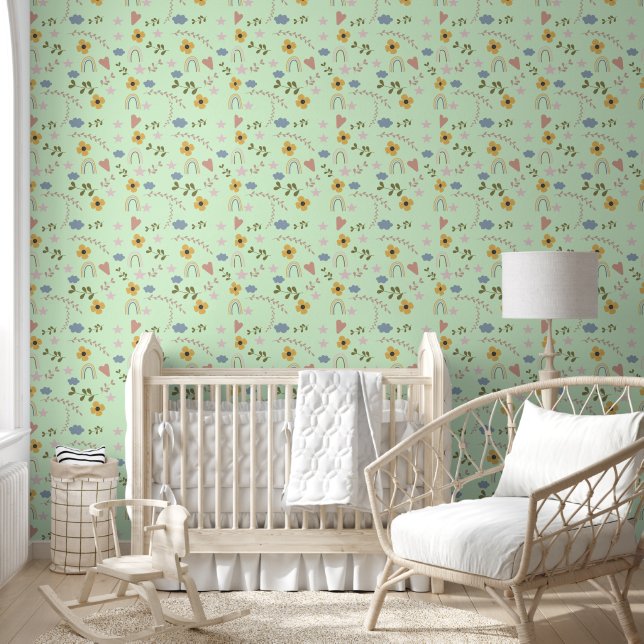Cute Stars Flowers Hearts Rainbows Green Nursery Wallpaper (Kids)