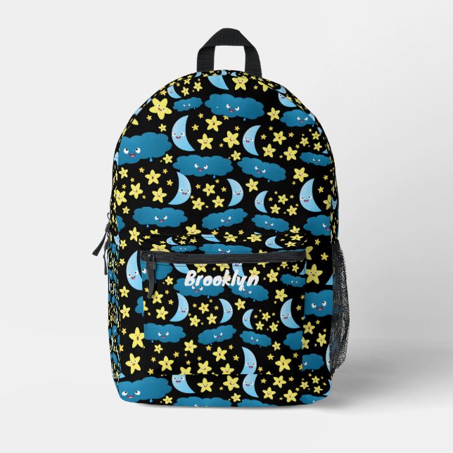 Cute stars moon and clouds with happy faces printed backpack (Front)