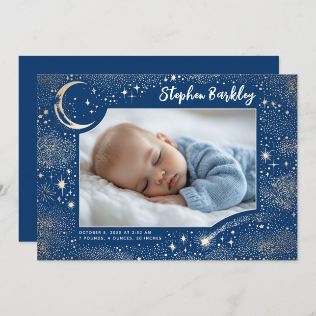 Cute Stars Moon Celestial Newborn Boy Photo Birth Announcement (Front/Back)