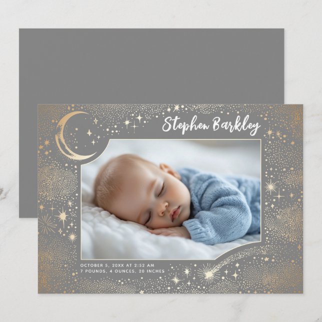 Cute Stars Moon Celestial Newborn Boy Photo Birth Announcement (Front/Back)