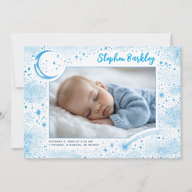 Cute Stars Moon Celestial Newborn Boy Photo Birth Announcement (Front)